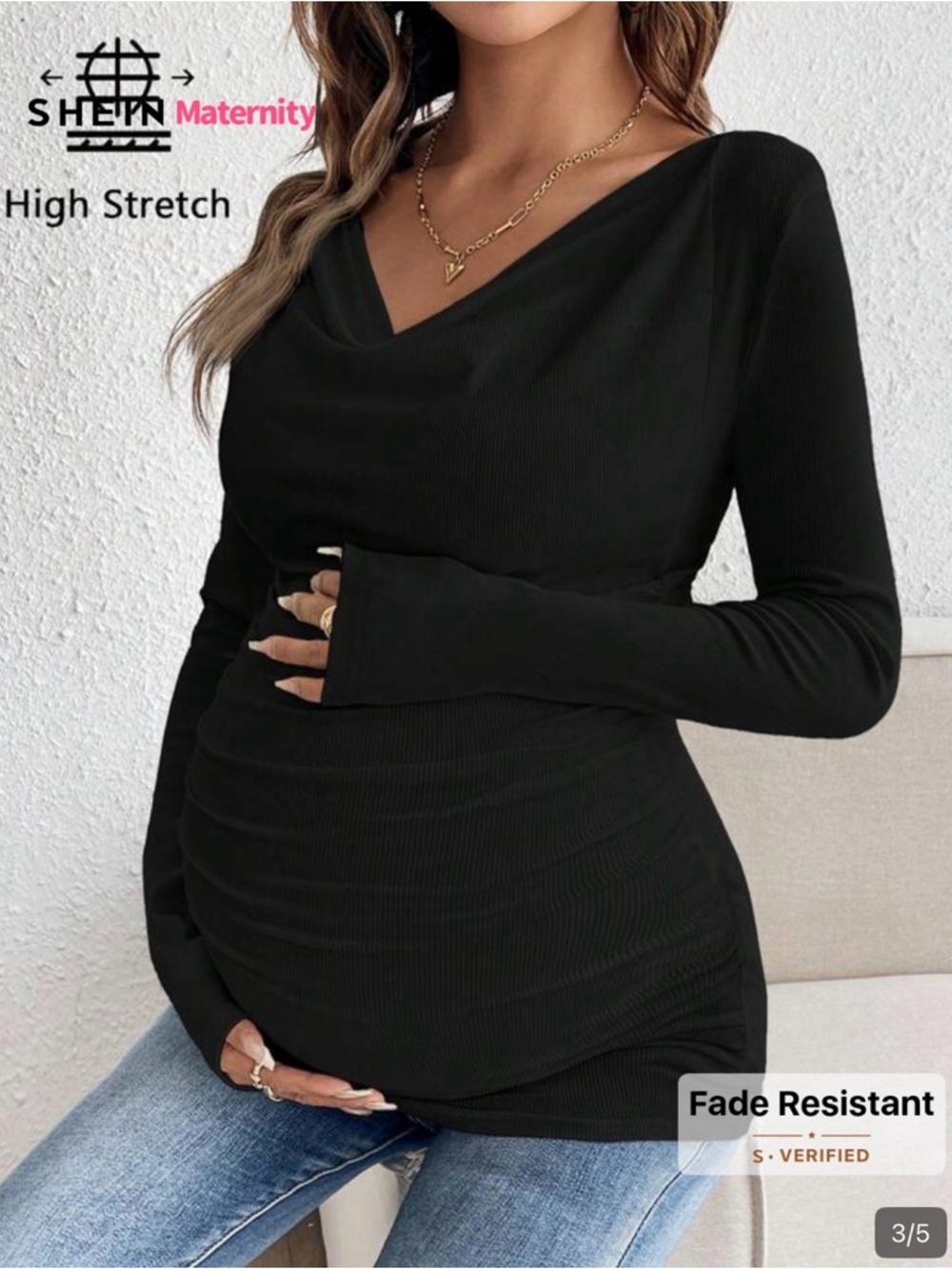 SHEIN Black Ribbed Maternity V-Neck Long Sleeve Nursing Top